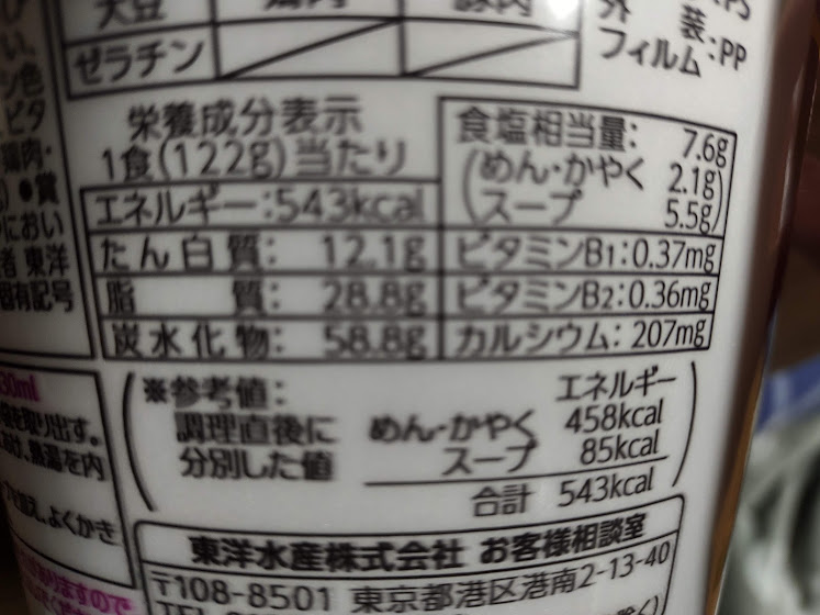 ごつ盛り豚骨醤油ラーメン（マルちゃん＝東洋水産）の栄養成分
